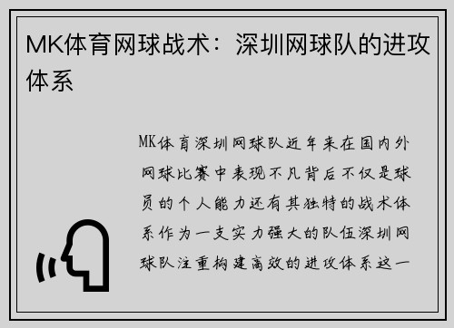 MK体育网球战术：深圳网球队的进攻体系