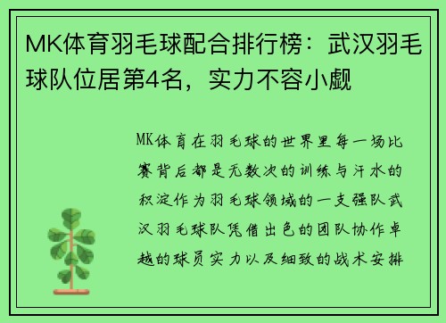 MK体育羽毛球配合排行榜：武汉羽毛球队位居第4名，实力不容小觑